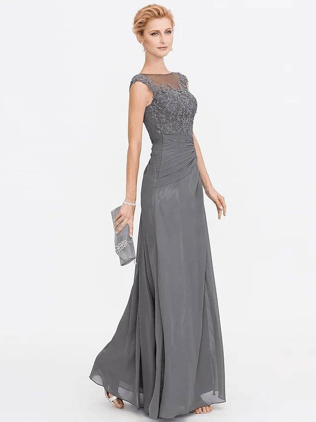 A-Line Mother of the Bride Dress Elegant See Through Bateau Neck Floor Length Chiffon Lace Sleeveless with Side Draping - RongMoon