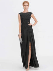 A-Line Mother of the Bride Dress Elegant See Through Bateau Neck Floor Length Chiffon Lace Sleeveless with Side Draping - RongMoon