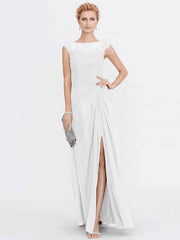A-Line Mother of the Bride Dress Elegant See Through Bateau Neck Floor Length Chiffon Lace Sleeveless with Side Draping - RongMoon