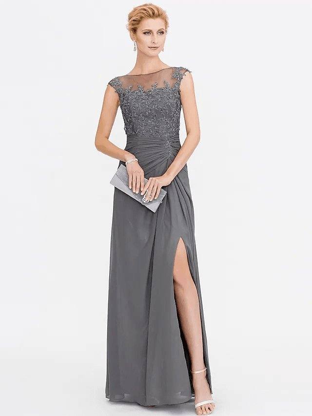 A-Line Mother of the Bride Dress Elegant See Through Bateau Neck Floor Length Chiffon Lace Sleeveless with Side Draping - RongMoon