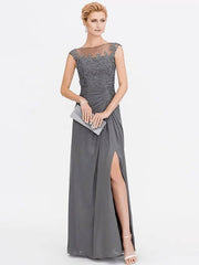 A-Line Mother of the Bride Dress Elegant See Through Bateau Neck Floor Length Chiffon Lace Sleeveless with Side Draping - RongMoon