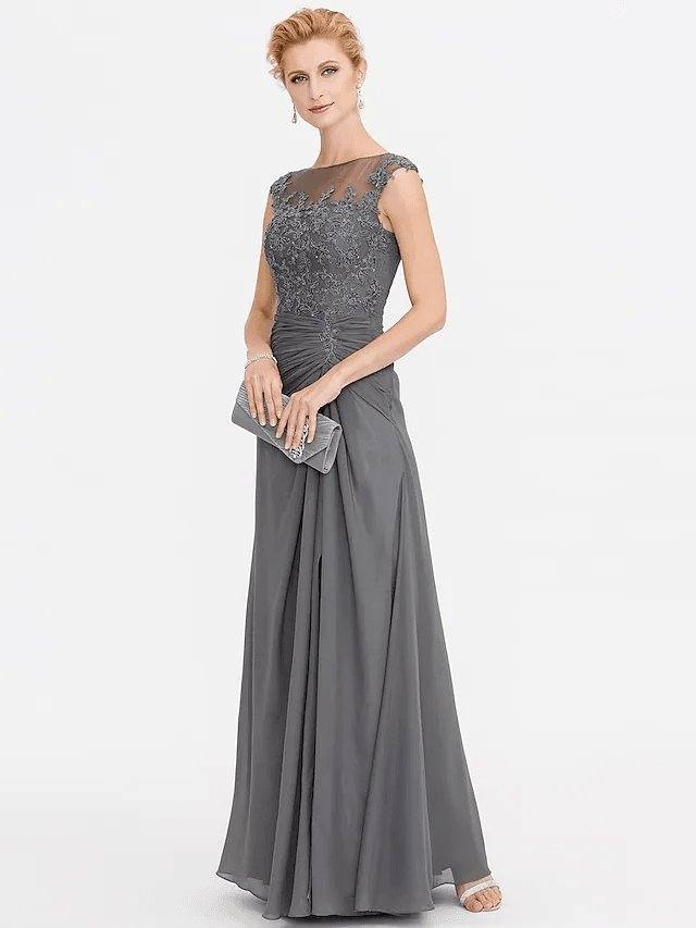 A-Line Mother of the Bride Dress Elegant See Through Bateau Neck Floor Length Chiffon Lace Sleeveless with Side Draping - RongMoon