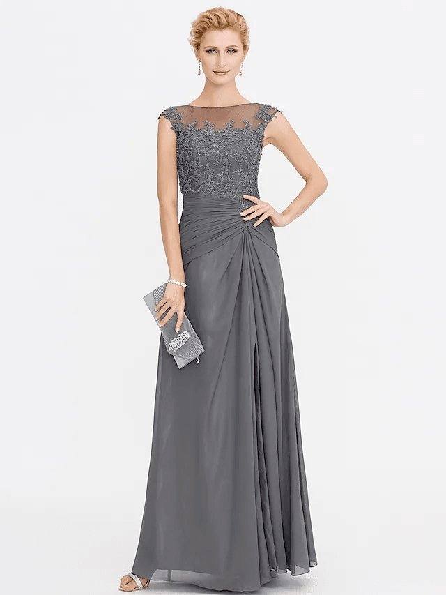 A-Line Mother of the Bride Dress Elegant See Through Bateau Neck Floor Length Chiffon Lace Sleeveless with Side Draping - RongMoon