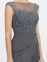 A-Line Mother of the Bride Dress Elegant See Through Bateau Neck Floor Length Chiffon Lace Sleeveless with Side Draping - RongMoon