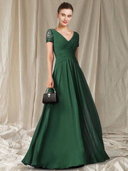 A-Line Mother of the Bride Dress Elegant V Neck Floor Length Chiffon Lace Short Sleeve with Pleats Ruched Appliques - RongMoon