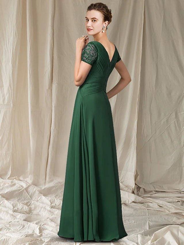 A-Line Mother of the Bride Dress Elegant V Neck Floor Length Chiffon Lace Short Sleeve with Pleats Ruched Appliques - RongMoon
