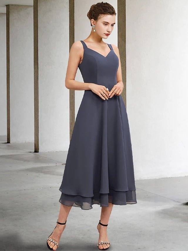 A-Line Mother of the Bride Dress Elegant V Neck Tea Length Chiffon Lace Sleeveless Jacket Dresses with Tier Solid Color - RongMoon