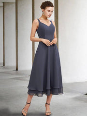 A-Line Mother of the Bride Dress Elegant V Neck Tea Length Chiffon Lace Sleeveless Jacket Dresses with Tier Solid Color - RongMoon