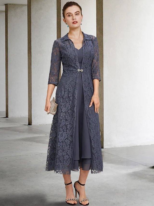 A-Line Mother of the Bride Dress Elegant V Neck Tea Length Chiffon Lace Sleeveless Jacket Dresses with Tier Solid Color - RongMoon