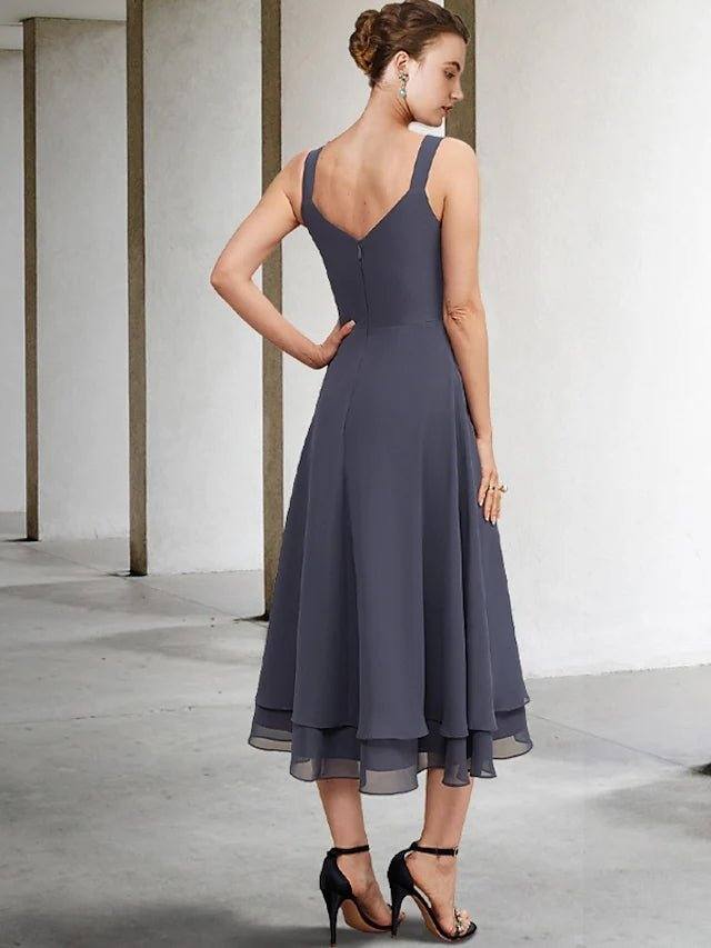 A-Line Mother of the Bride Dress Elegant V Neck Tea Length Chiffon Lace Sleeveless Jacket Dresses with Tier Solid Color - RongMoon