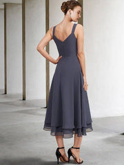 A-Line Mother of the Bride Dress Elegant V Neck Tea Length Chiffon Lace Sleeveless Jacket Dresses with Tier Solid Color - RongMoon