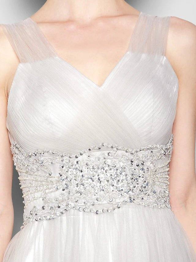 A-Line Mother of the Bride Dress Open Back V Neck Floor Length Tulle Sleeveless with Criss Cross Beading Appliques - RongMoon