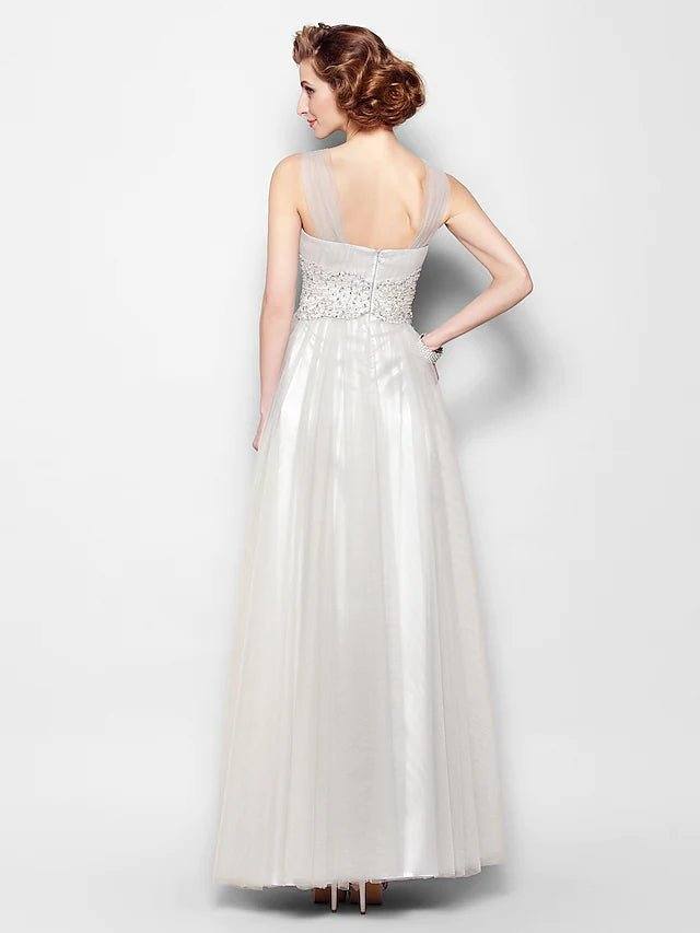 A-Line Mother of the Bride Dress Open Back V Neck Floor Length Tulle Sleeveless with Criss Cross Beading Appliques - RongMoon