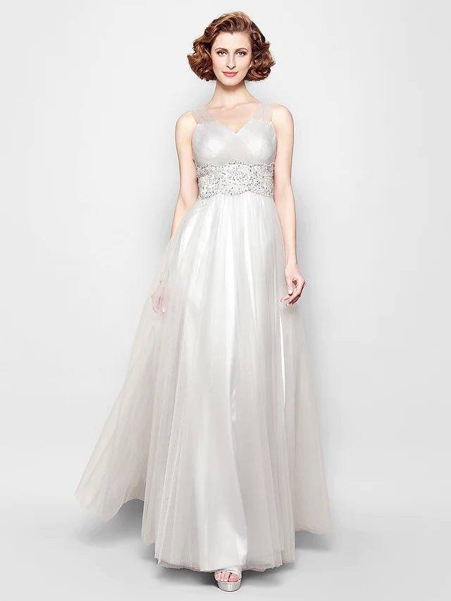 A-Line Mother of the Bride Dress Open Back V Neck Floor Length Tulle Sleeveless with Criss Cross Beading Appliques - RongMoon