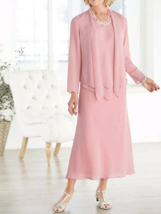 A-Line Mother of the Bride Dress Plus Size Elegant Jewel Neck Ankle Length Chiffon Long Sleeve with Pleats - RongMoon