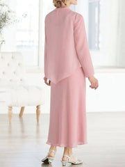 A-Line Mother of the Bride Dress Plus Size Elegant Jewel Neck Ankle Length Chiffon Long Sleeve with Pleats - RongMoon
