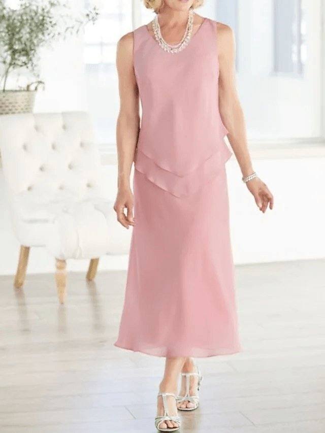A-Line Mother of the Bride Dress Plus Size Elegant Jewel Neck Ankle Length Chiffon Long Sleeve with Pleats - RongMoon