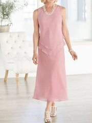 A-Line Mother of the Bride Dress Plus Size Elegant Jewel Neck Ankle Length Chiffon Long Sleeve with Pleats - RongMoon