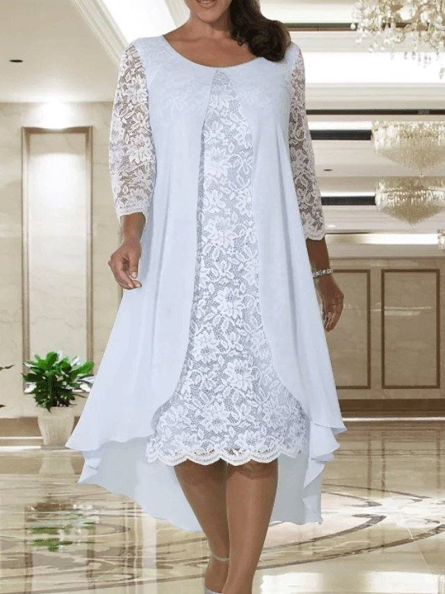 A-Line Mother of the Bride Dress Plus Size Elegant Jewel Neck Knee Length Chiffon Lace Long Sleeve with Lace - RongMoon