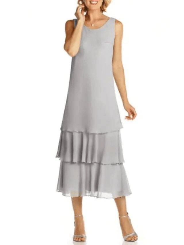 A-Line Mother of the Bride Dress Plus Size Elegant Jewel Neck Tea Length Chiffon Long Sleeve with Lace Sash / Ribbon - RongMoon