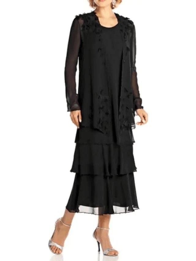 A-Line Mother of the Bride Dress Plus Size Elegant Jewel Neck Tea Length Chiffon Long Sleeve with Lace Sash / Ribbon - RongMoon