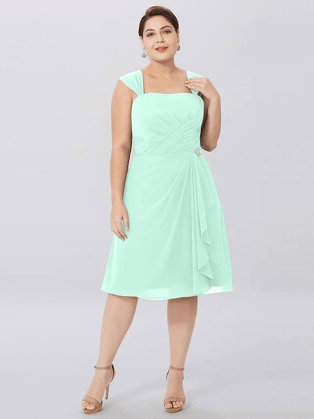 A-Line Mother of the Bride Dress Plus Size Elegant Straps Knee Length Chiffon Sleeveless with Criss Cross Pleats - RongMoon