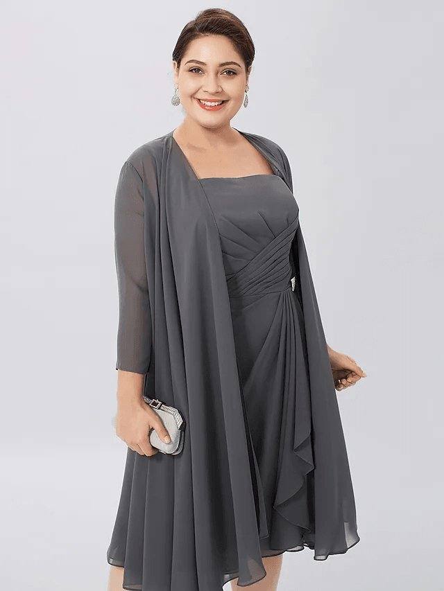 A-Line Mother of the Bride Dress Plus Size Elegant Straps Knee Length Chiffon Sleeveless with Criss Cross Pleats - RongMoon