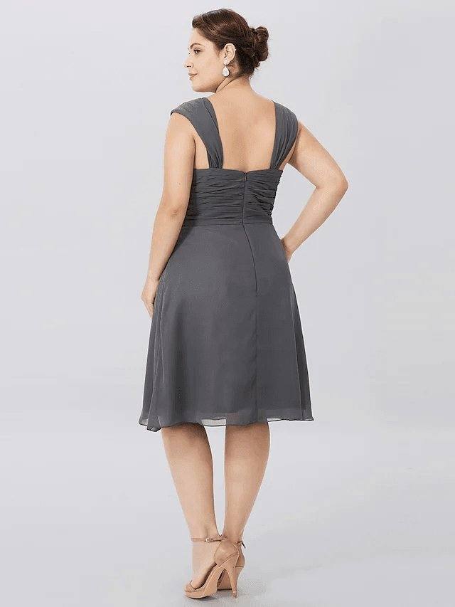 A-Line Mother of the Bride Dress Plus Size Elegant Straps Knee Length Chiffon Sleeveless with Criss Cross Pleats - RongMoon