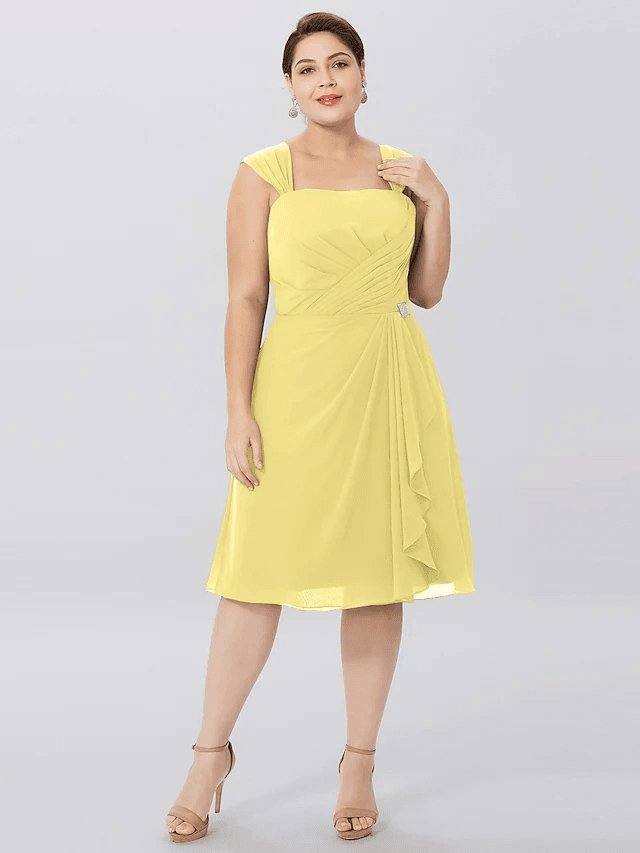 A-Line Mother of the Bride Dress Plus Size Elegant Straps Knee Length Chiffon Sleeveless with Criss Cross Pleats - RongMoon