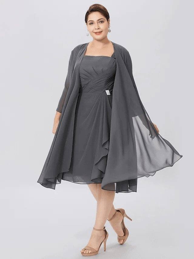A-Line Mother of the Bride Dress Plus Size Elegant Straps Knee Length Chiffon Sleeveless with Criss Cross Pleats - RongMoon