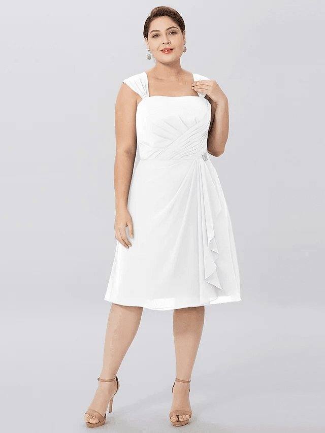 A-Line Mother of the Bride Dress Plus Size Elegant Straps Knee Length Chiffon Sleeveless with Criss Cross Pleats - RongMoon