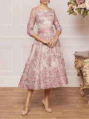 A-Line Mother of the Bride Dress Plus Size Elegant Vintage Bateau Neck Tea Length Lace Half Sleeve with Lace Sash / Ribbon - RongMoon