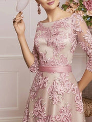 A-Line Mother of the Bride Dress Plus Size Elegant Vintage Bateau Neck Tea Length Lace Half Sleeve with Lace Sash / Ribbon - RongMoon
