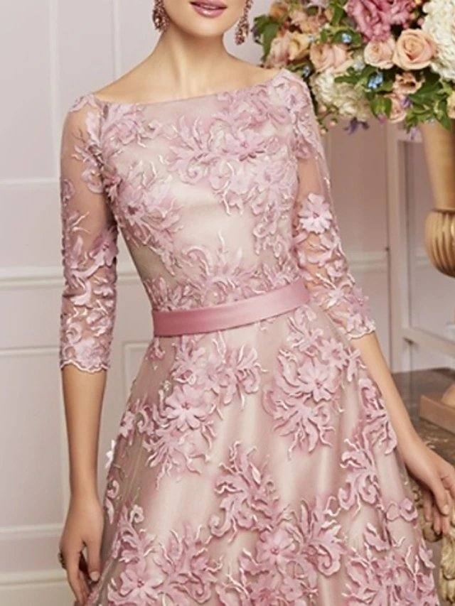 A-Line Mother of the Bride Dress Plus Size Elegant Vintage Bateau Neck Tea Length Lace Half Sleeve with Lace Sash / Ribbon - RongMoon