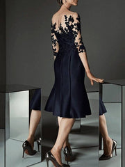 A-Line Mother of the Bride Dress See Through Bateau Neck Knee Length Lace Satin 3/4 Length Sleeve with Buttons Appliques - RongMoon
