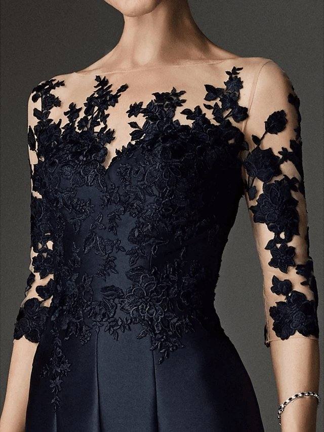 A-Line Mother of the Bride Dress See Through Bateau Neck Knee Length Lace Satin 3/4 Length Sleeve with Buttons Appliques - RongMoon
