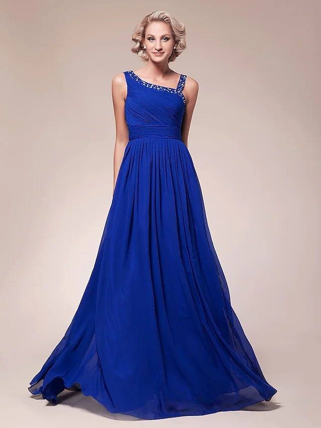A-Line Mother of the Bride Dress Sparkle & Shine Straps Floor Length Chiffon Sleeveless with Pleats Ruched Beading - RongMoon
