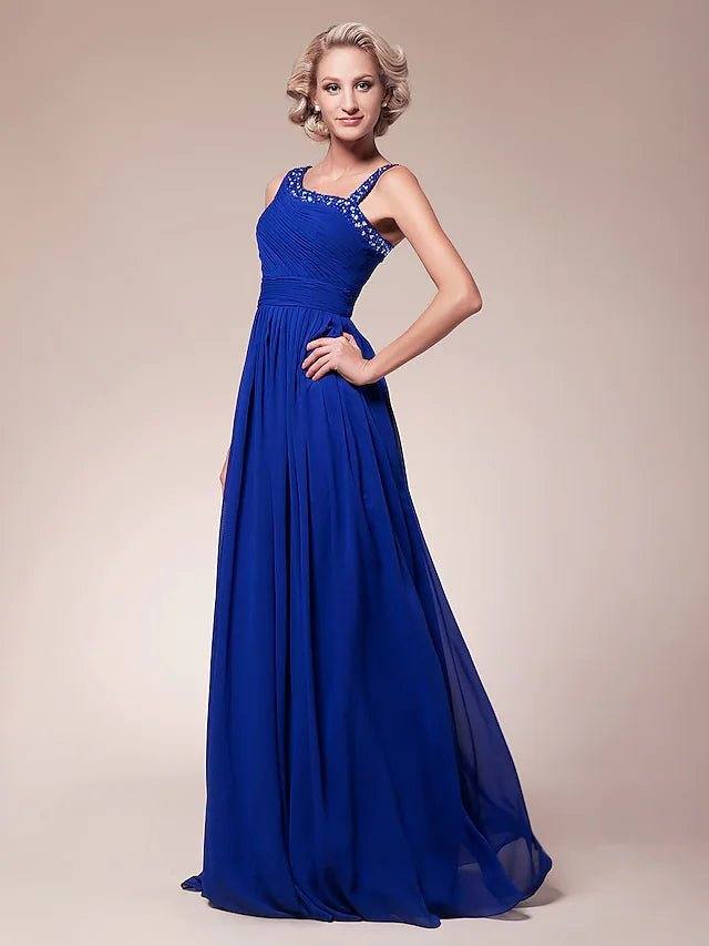 A-Line Mother of the Bride Dress Sparkle & Shine Straps Floor Length Chiffon Sleeveless with Pleats Ruched Beading - RongMoon