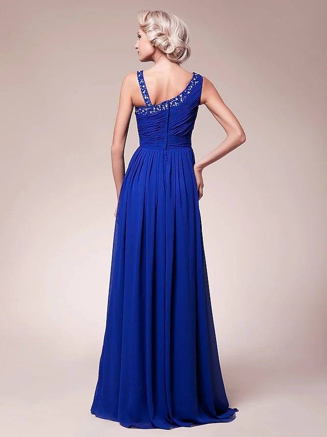 A-Line Mother of the Bride Dress Sparkle & Shine Straps Floor Length Chiffon Sleeveless with Pleats Ruched Beading - RongMoon