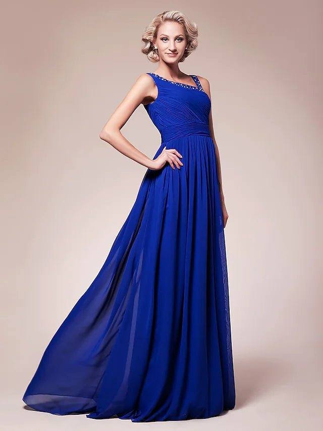 A-Line Mother of the Bride Dress Sparkle & Shine Straps Floor Length Chiffon Sleeveless with Pleats Ruched Beading - RongMoon