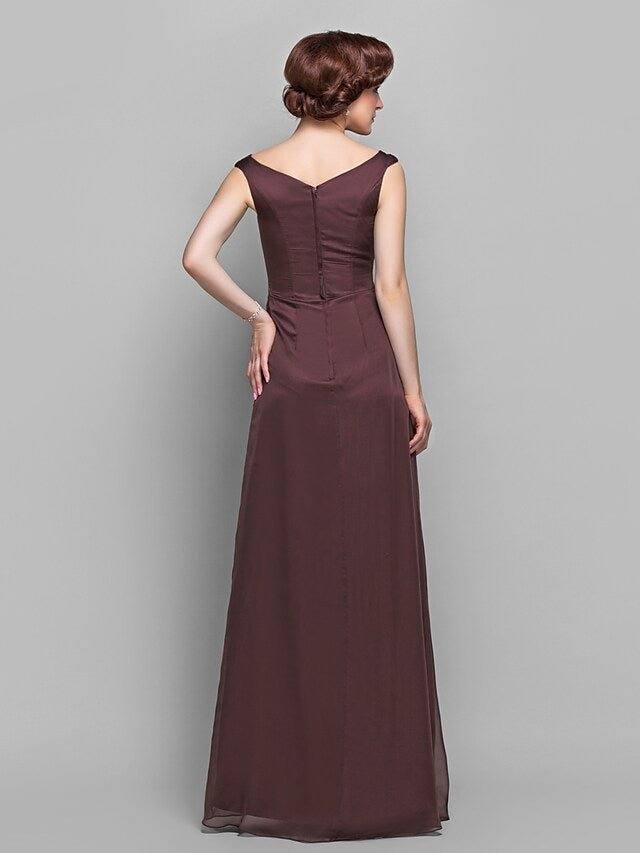 A-Line Mother of the Bride Dress Vintage Inspired V Neck Floor Length Chiffon Sleeveless with Crystals Ruffles Side Draping - RongMoon