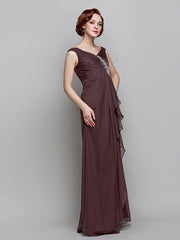 A-Line Mother of the Bride Dress Vintage Inspired V Neck Floor Length Chiffon Sleeveless with Crystals Ruffles Side Draping - RongMoon