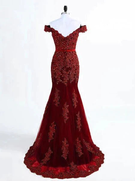 A Line Off Shoulder Burgundy Lace Prom Dresses, Burgundy Lace Formal Dresses, Bridesmaid Dresses - RongMoon