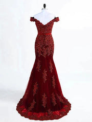 A Line Off Shoulder Burgundy Lace Prom Dresses, Burgundy Lace Formal Dresses, Bridesmaid Dresses - RongMoon