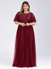 A-Line Plus Size Prom Formal Evening Dress Jewelry Short Sleeve Floor-Length Chiffon Lace With Appliques - RongMoon