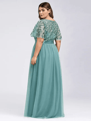 A-Line Plus Size Prom Formal Evening Dress Jewelry Short Sleeve Floor-Length Chiffon Lace With Appliques - RongMoon