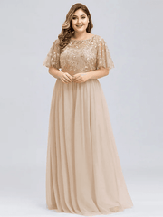 A-Line Plus Size Prom Formal Evening Dress Jewelry Short Sleeve Floor-Length Chiffon Lace With Appliques - RongMoon