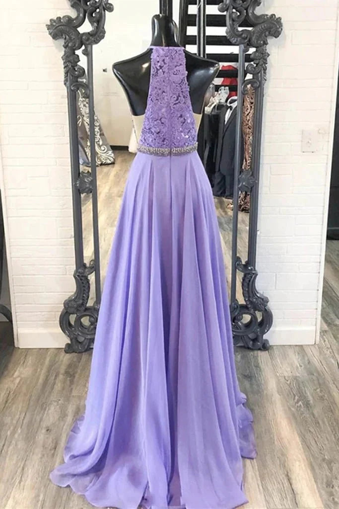 A Line Purple Lace Long Prom Dress with Belt, Purple Lace Formal Dress, Purple Evening Dress, Bridesmaid Dress - RongMoon