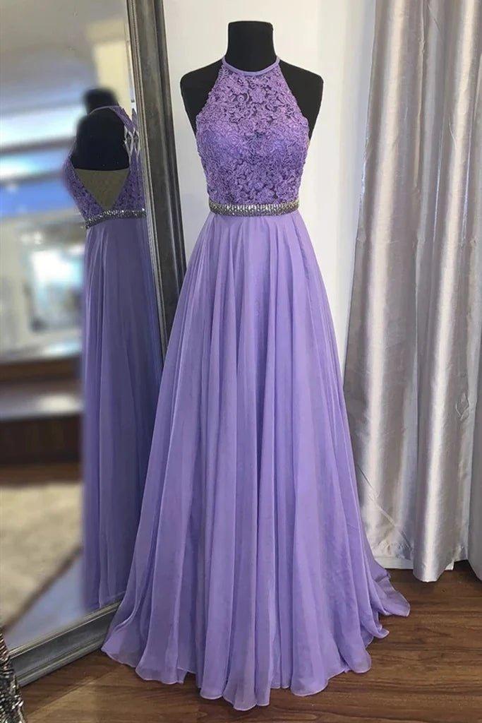 A Line Purple Lace Long Prom Dress with Belt, Purple Lace Formal Dress, Purple Evening Dress, Bridesmaid Dress - RongMoon