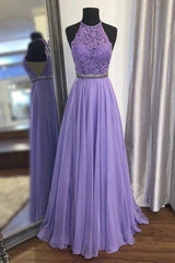 A Line Purple Lace Long Prom Dress with Belt, Purple Lace Formal Dress, Purple Evening Dress, Bridesmaid Dress - RongMoon